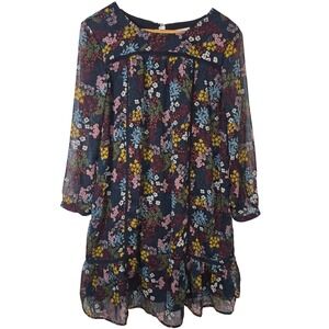 LOFT Outlet Womens Large Black Floral Long Sleeve Ruffle Hem Shift Dress Boho
